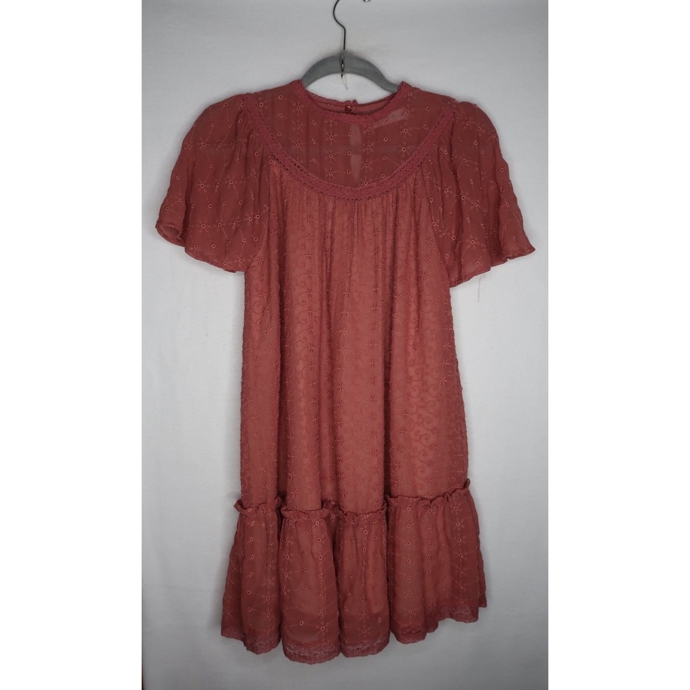 Zara Kids Girls Sz 10 Rust Eyelet Embroidered Ruffle Hem Puff Sleeve Boho Dress